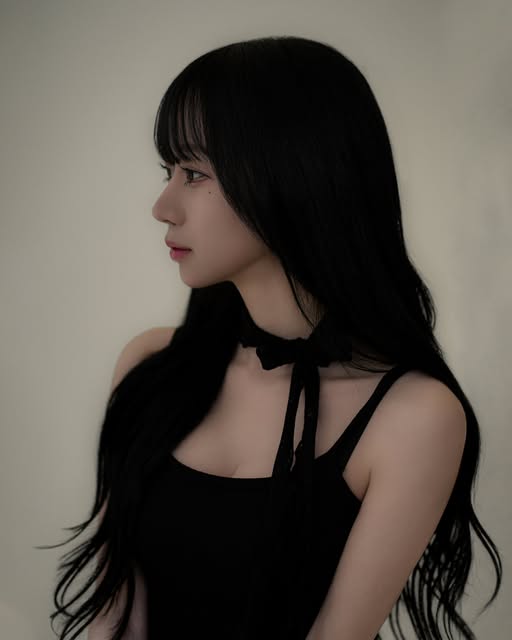 검은 리본 의상을 입고 촬영한 측면 프로필